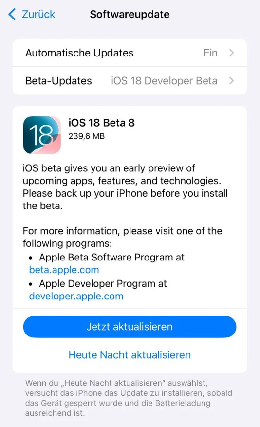 天镇苹果手机维修分享苹果 iOS / iPadOS 18 开发者预览版 Beta 8 发布 